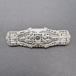 Vintage Ornate Filigree Bar Brooch Crystal Accent Silver Tone Art Deco Style